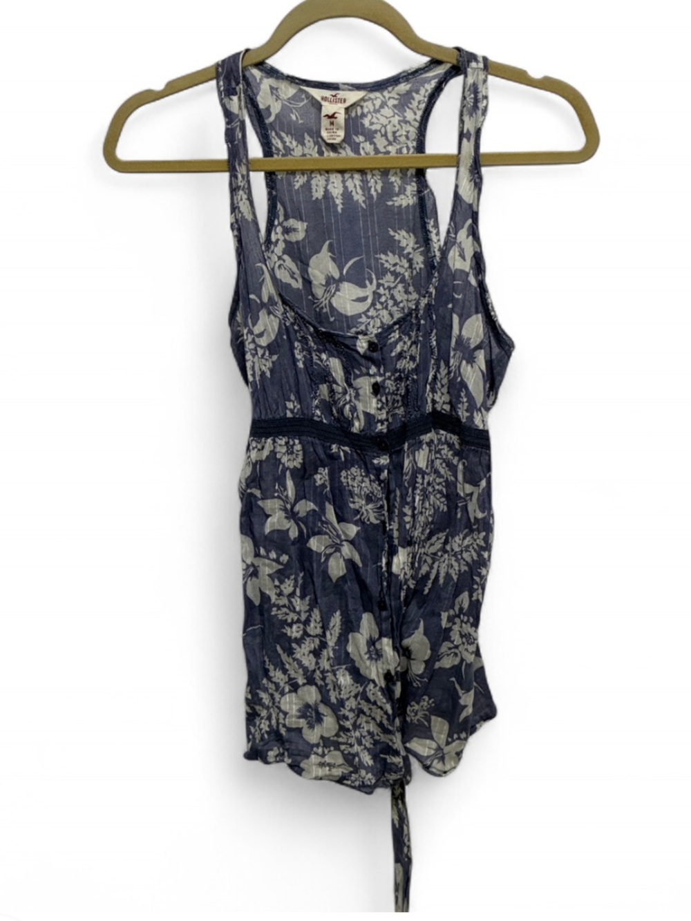 Y2K Hollister Blue and White Floral Button Down Racerback Tank Top